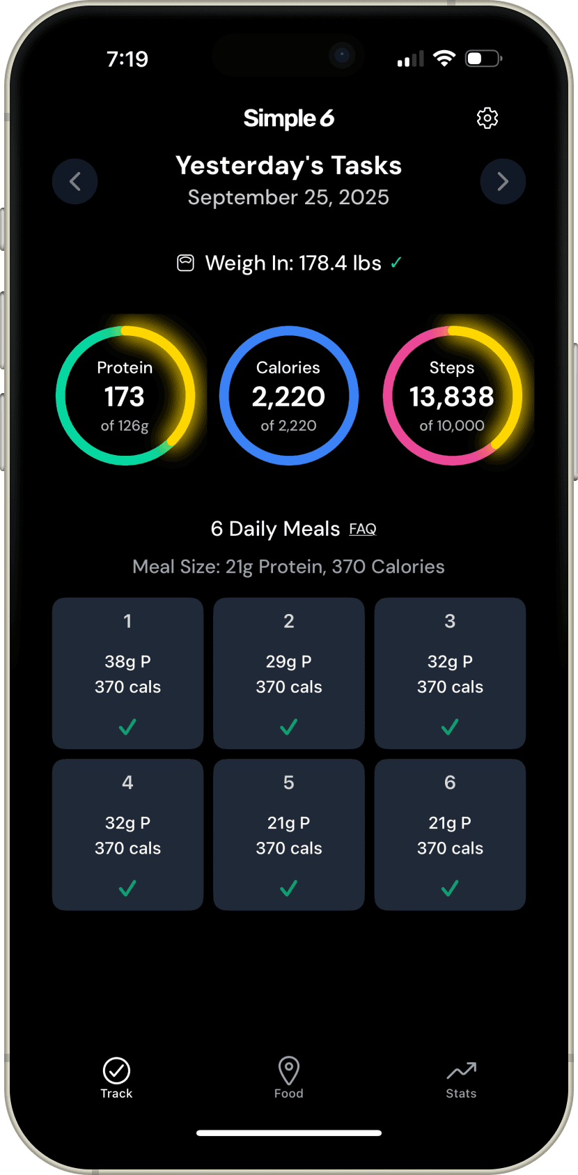 Simple 6 app showing daily serving tracker with protein, calorie, and step targets